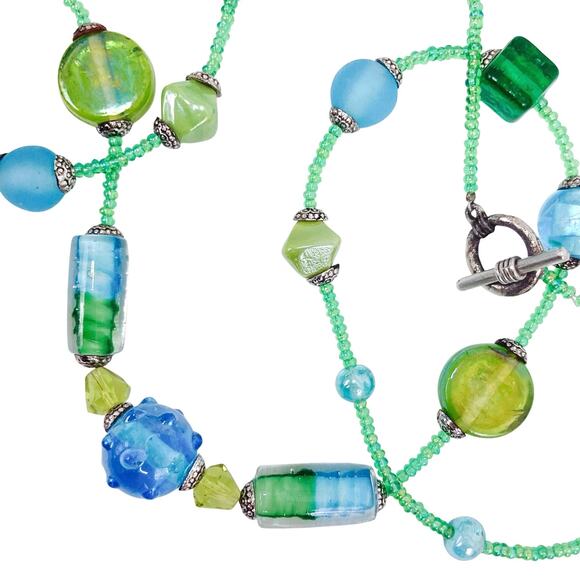 VTG Art Glass Lampwork Necklace 30" Blue Green Beaded Silver Tone Toggle - Picture 1 of 13